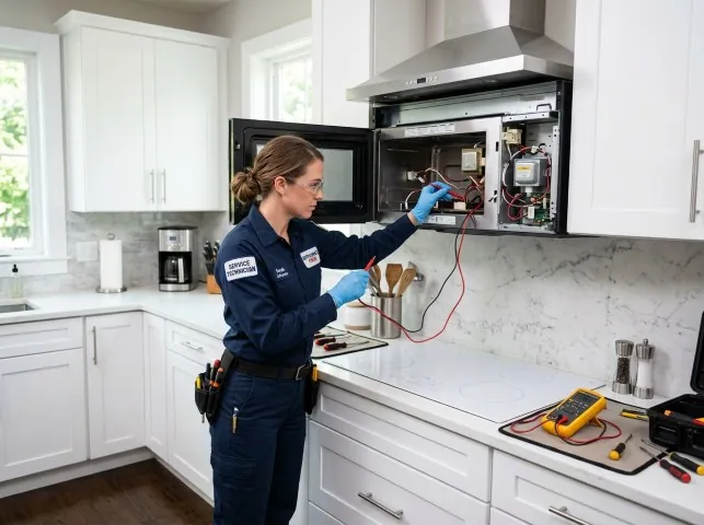 Appliance Repair Hero technician testing an over-the-range microwave in a Brecksville, OH kitchen